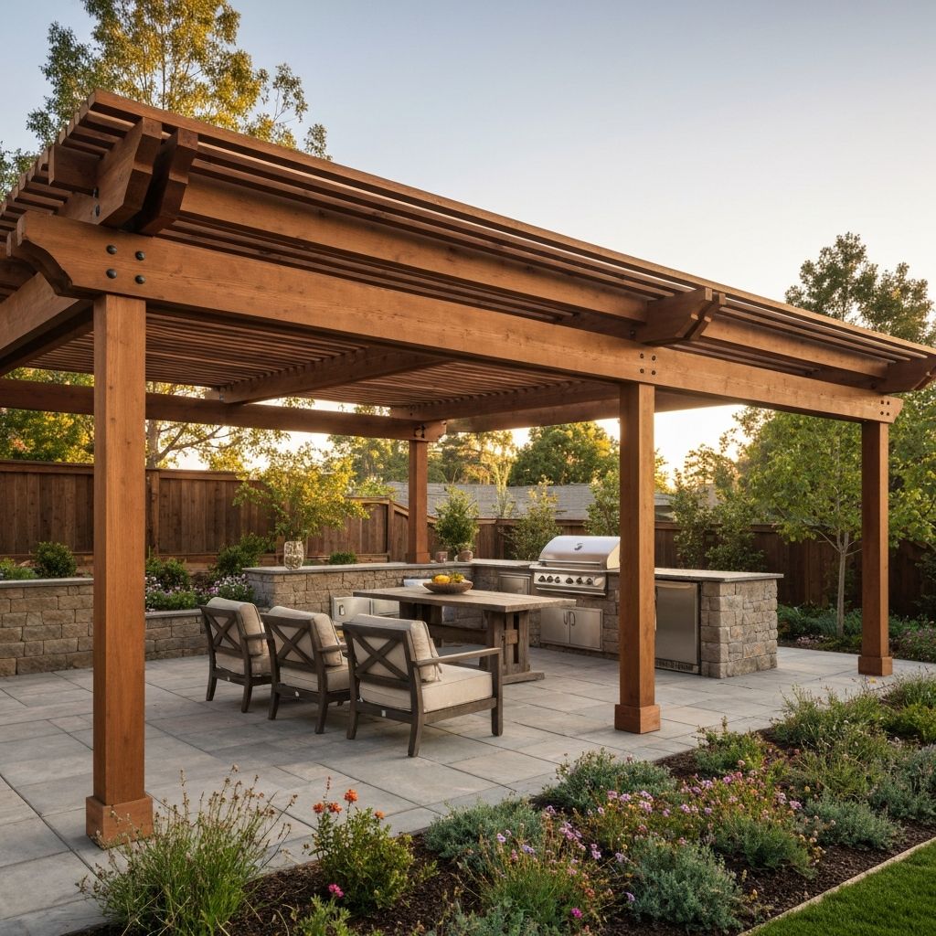 Modern louvered pergola with integrated lighting in Los Altos Hills